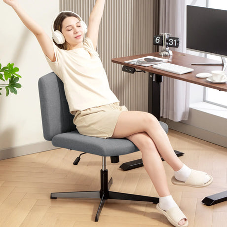 HOMCOM Armless Office Chair No Wheels, Linen Fabric Criss Cross Legged Desk Chair with Wide Seat, Thick Padding, Tilt Function, Height Adjustable Swivel Computer Seat for Home, Grey