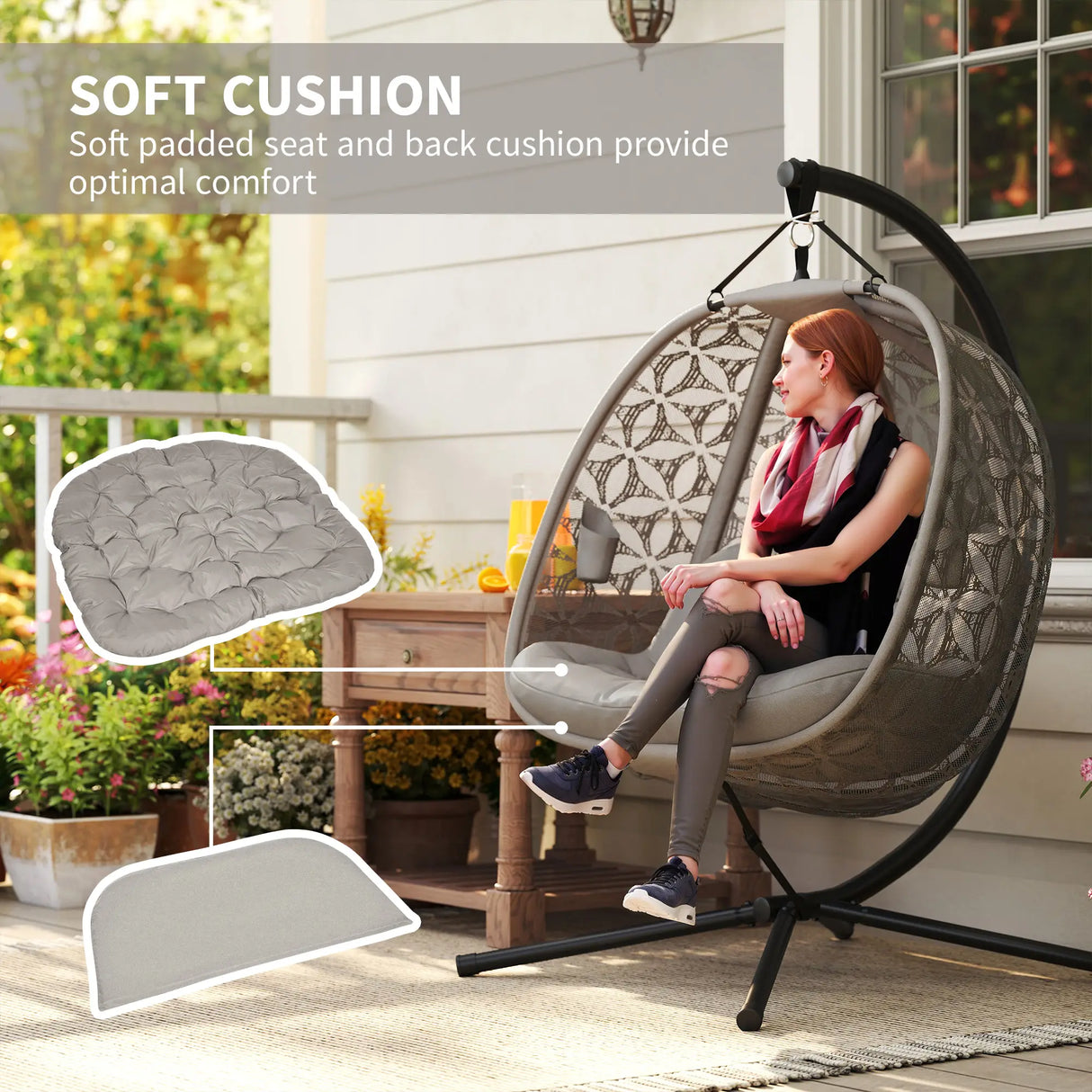 Outsunny Outdoor Double Hanging Chair with Cushion and Cup Holders, Sand Brown