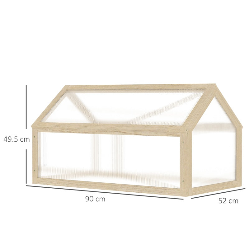 Outsunny Wooden Cold Frame Garden Polycarbonate Greenhouse with Openable Top Cover, Grow House for Flowers, Vegetables, Plants, 90 x 52 x 50cm, Natural