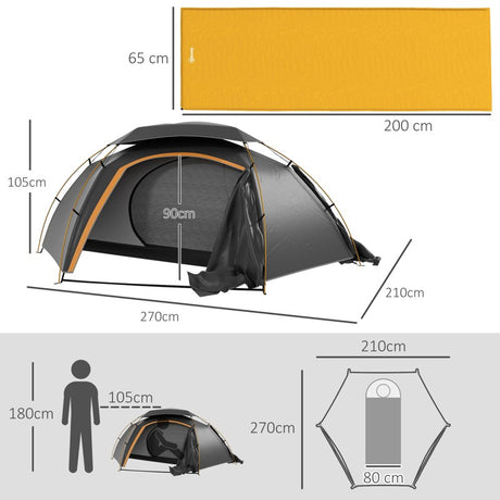 Outsunny Camping Tent with Self Inflatable Mattress, 1 Person Dome Tent with Removable Rainfly and Aluminium Frame, 2000mm Waterproof, Portable with Bags, for Fishing Hiking, Dark Grey/Khaki