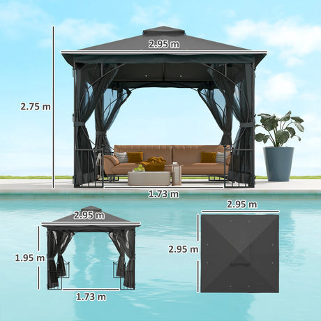 Outsunny 3 x 3m Garden Gazebo Patio Party Tent Shelter Outdoor Canopy Double Tier Sun Shade with Metal Frame and Netting, Dark Grey