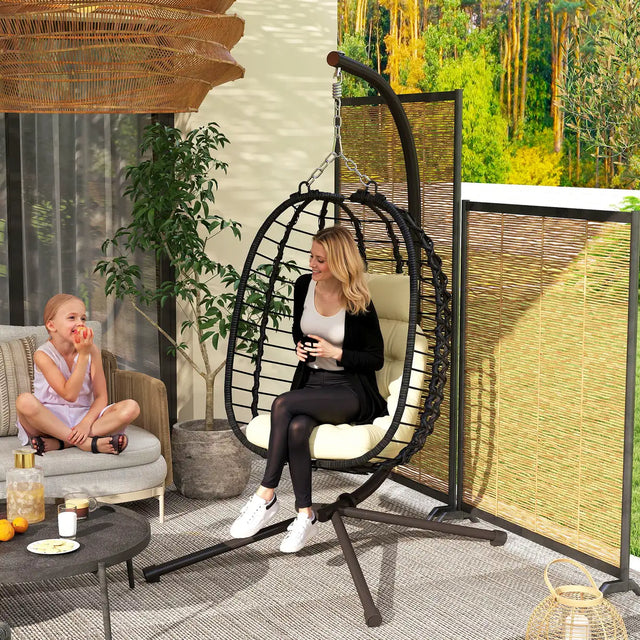 Outsunny Rattan Hanging Egg Chair, Foldable Wicker Hammock Swing Chair with Cushion, Stand, Adjustable Height, Head Pillow, Steel Frame for Garden Patio Indoor Outdoor, Cream White