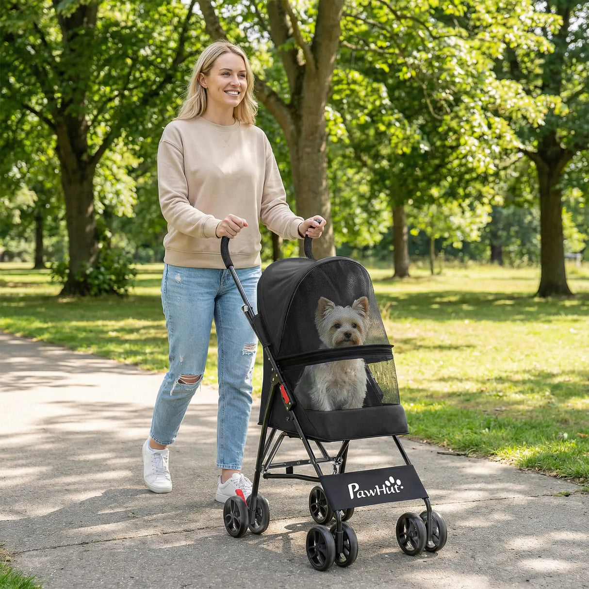 PawHut Dog Stroller, Foldable Cat Dog Pram for Miniature Breeds, Pet Stroller with Brake, Mesh Windows, Black