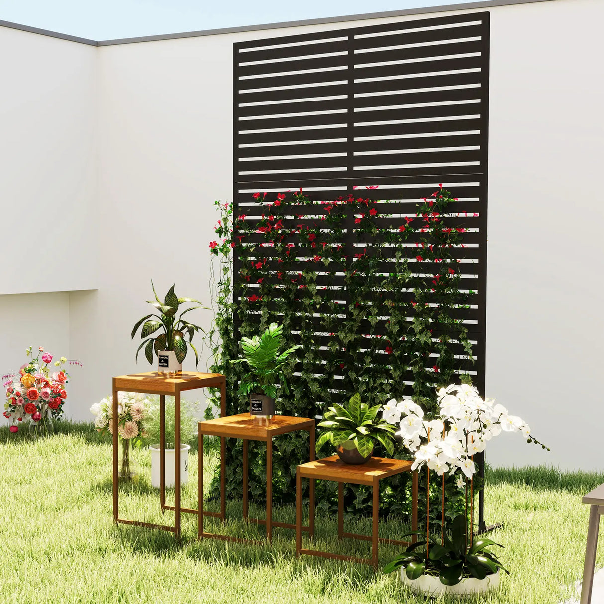 Outsunny Decorative Privacy Fence Screen, Metal Outdoor Privacy Screen Climbing Plant Trellis with Stand, 122 x 198 cm, Black