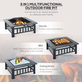 Outsunny Metal Large Firepit Outdoor Square Fire Pit Brazier with Rain Cover, Lid, Log Grate, Poker for Backyard, Camping, BBQ, Bonfire, Wood Burning Stove, 86 x 86 x 54cm, Black