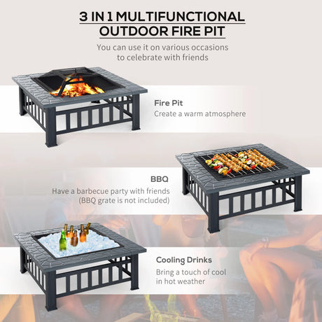 Outsunny Metal Large Firepit Outdoor Square Fire Pit Brazier with Rain Cover, Lid, Log Grate, Poker for Backyard, Camping, BBQ, Bonfire, Wood Burning Stove, 86 x 86 x 54cm, Black
