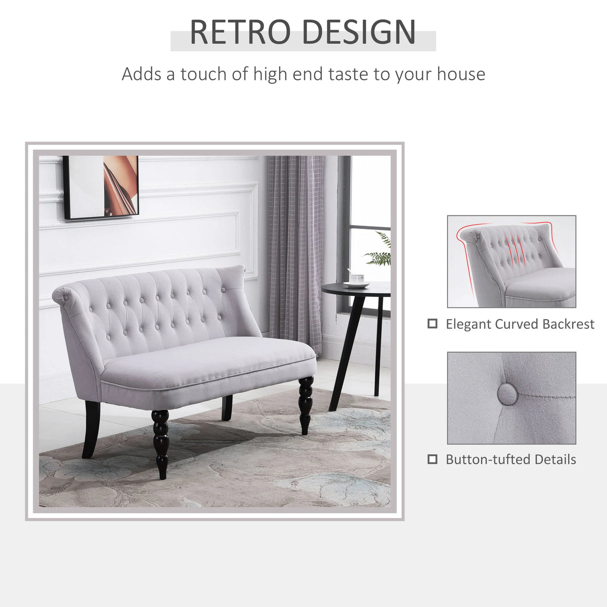 HOMCOM Velvet 2 Seater Sofa, Button Tufted Wingback Loveseat with Rubber Wood Legs for Living Room, Bedroom, Grey