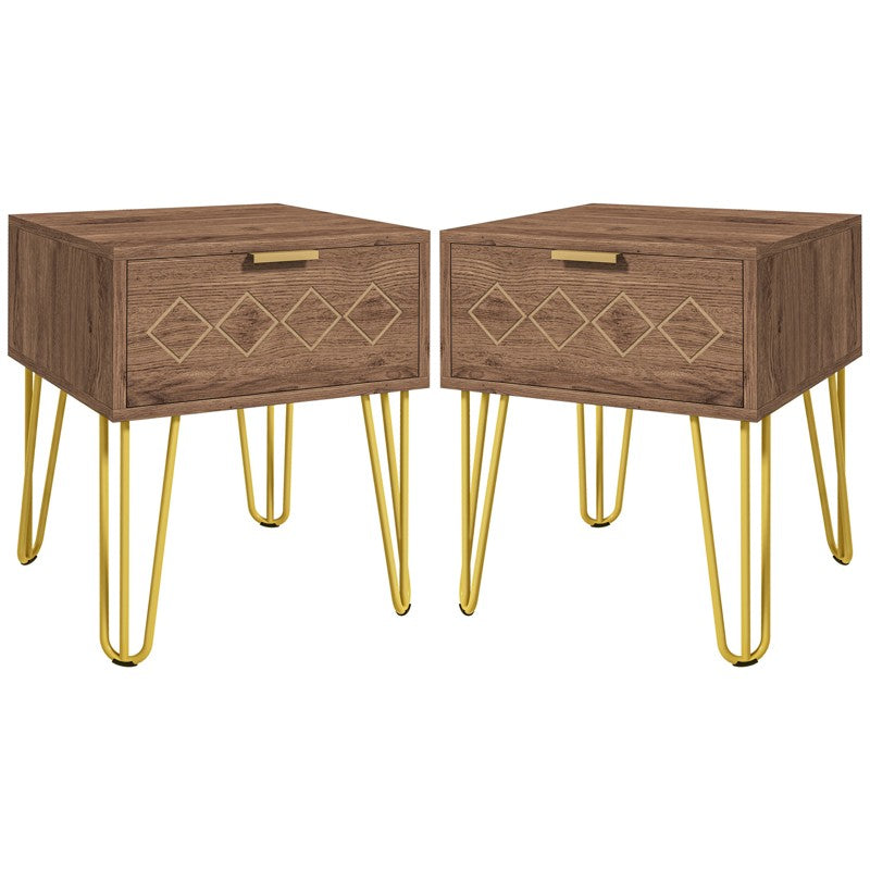 HOMCOM Bedside Table Set of 2 with Drawer, Wooden Nightstand, Modern Sofa Side Table with Gold Tone Metal Legs for Bedroom