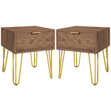 HOMCOM Bedside Table Set of 2 with Drawer, Wooden Nightstand, Modern Sofa Side Table with Gold Tone Metal Legs for Bedroom