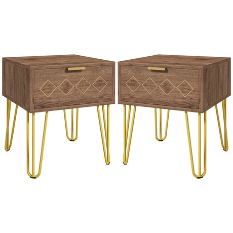 HOMCOM Bedside Table Set of 2 with Drawer, Wooden Nightstand, Modern Sofa Side Table with Gold Tone Metal Legs for Bedroom