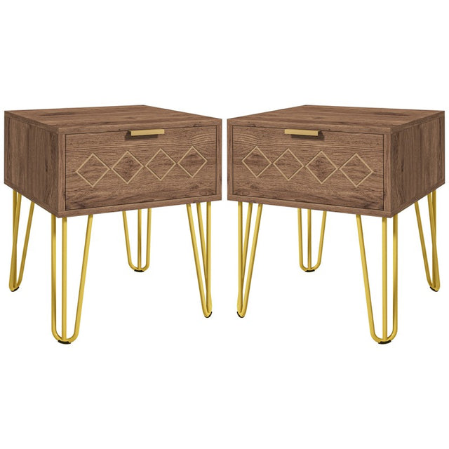 HOMCOM Bedside Table Set of 2 with Drawer, Wooden Nightstand, Modern Sofa Side Table with Gold Tone Metal Legs for Bedroom