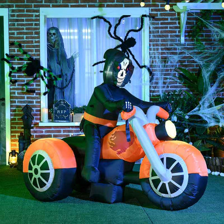 HOMCOM 5ft Halloween Inflatable Skull Bike, LED Lights, Blow-Up Decoration, Outdoor LED Garden Display