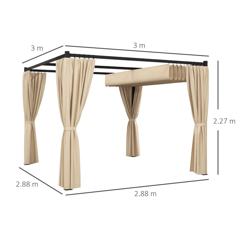 Outsunny 3 x 3(m) Retractable Pergola, Garden Gazebo Shelter with Curtains, for Grill, Patio, Deck, Beige