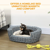 PawHut Wicker Pet Bed Willow Dog Cat Sofa Couch Puppy Basket with Cushion Grey 57L x 46W x 17.5H cm