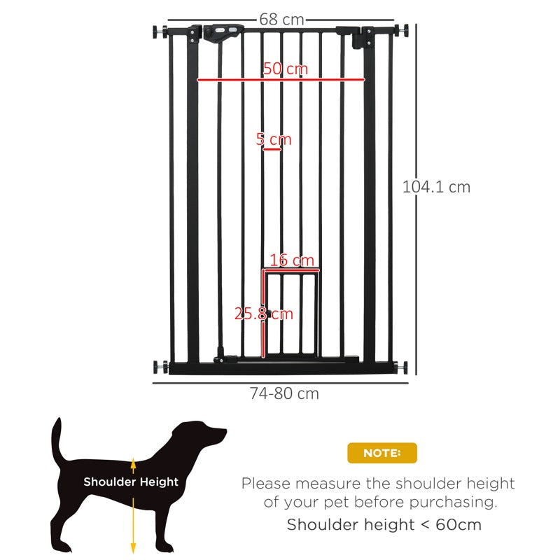 PawHut Extra Tall Pet Gate, Indoor Dog Safety Gate, with Cat Flap, Auto Close, 74-80cm Wide - Black