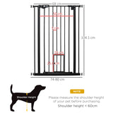 PawHut Extra Tall Pet Gate, Indoor Dog Safety Gate, with Cat Flap, Auto Close, 74-80cm Wide - Black