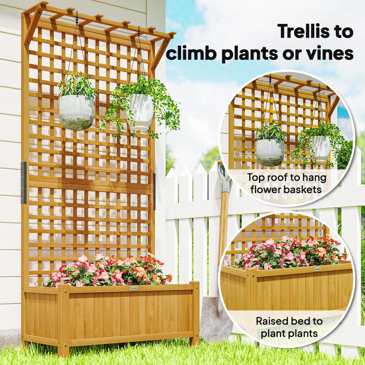 Outsunny Raised Bed with Drainage Holes, Wood Planter with Trellis for Climbing Plants to Grow Vegetables, Flowers, Yellow