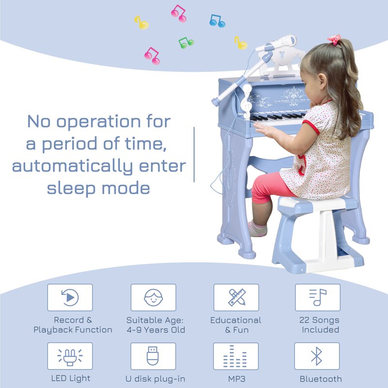 HOMCOM 37 Keys Kids Piano Mini Electronic Keyboard Light Kids Musical Instrument Educational Game Children Grand Piano Toy Set w/Stool & Microphone & Music Stand (Blue)