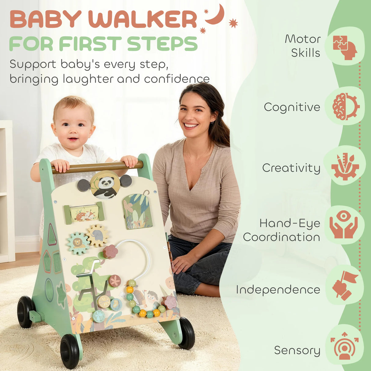 AIYAPLAY Wooden Baby Walker, Push Along Walker Toys with Speed Control, Xylophone, gears and Bead Maze, Green