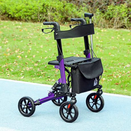 HOMCOM Folding Rollator Walker with Seat, Backrest, Lightweight Walking Frame with Storage Bag, Dual Brakes, Adjustable Handle Height, Suspension System, 4 Wheeled Walker for Seniors, Purple