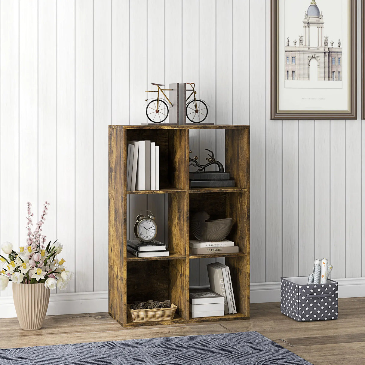 HOMCOM 6-Cube Bookshelf - Rustic Brown