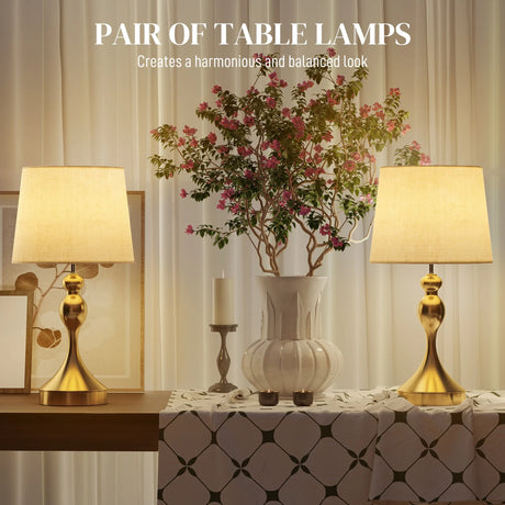 HOMCOM Bedside Lamps Set of 2, Modern Table Lamps with 3 Colour Temperatures, USB A+C Charging Ports and Linen Shade for Living Room Bedroom Office, Gold Tone