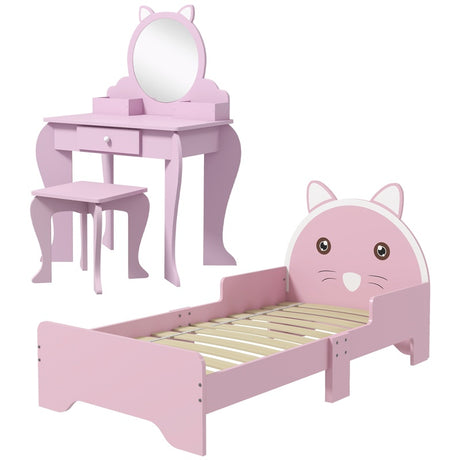 ZONEKIZ Wooden Kids Bedroom Furniture Set with Kids Dressing Table, Stool, Bed, for 3-6 Years, Cat-Design