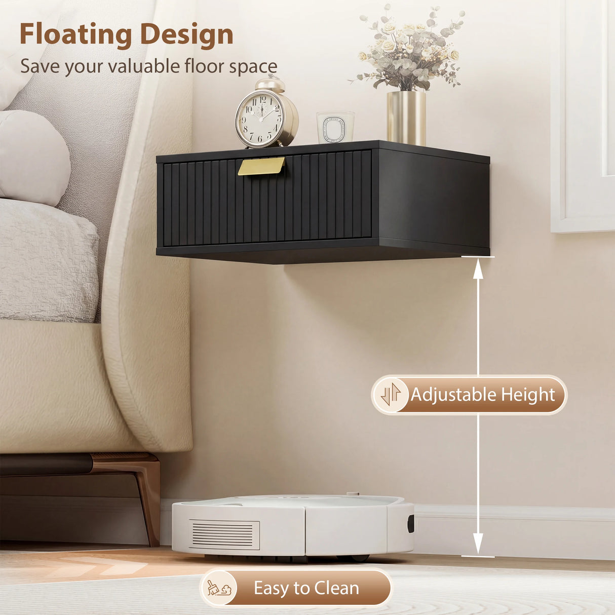 HOMCOM Modern Floating Nightstands Set of 2, Wall Mounted Bedside Tables with Wave Drawer Black