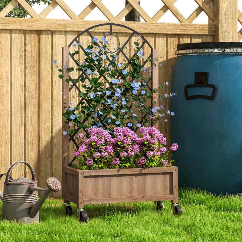 Outsunny Wooden Planter, with Metal Trellis - Brown/Black