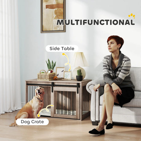 PawHut 98cm Dog Crate Furniture with Removable Cushion for Large Dogs - Brown