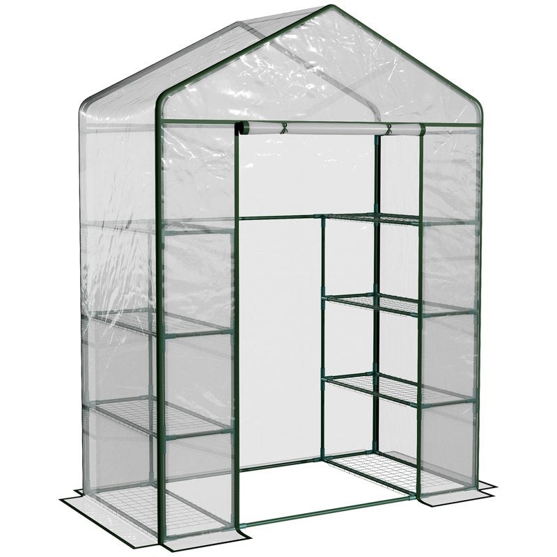 Outsunny Walk in Greenhouse with 4-Tier 8 Shelves, Green House with Hemmed Cover, Roll-up Zipped Door, Steel Frame, 143 x 73 x 195cm