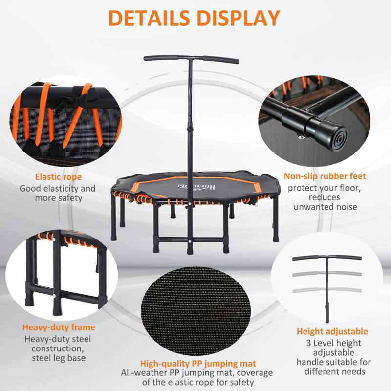 HOMCOM 48" Octagonal Mini Fitness Trampoline Rebounder Indoor Outdoor Foldable Mini Jumper with Adjustable Handle, Max Load 100 KG - Orange