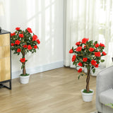 Outsunny Set of 2 Artificial Plants White Rose Floral in Pot, Fake Plants for Home Indoor Decor, 90cm, Red