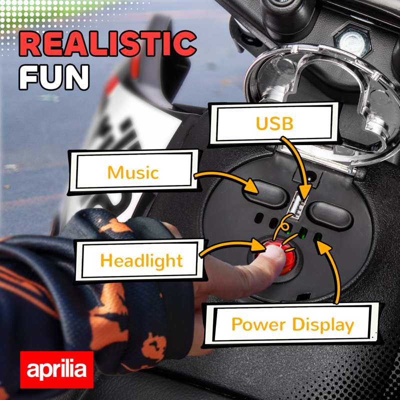 AIYAPLAY 12V Aprilia Licensed Kids Motorbike with Training Wheels, Spring Suspension, LED Headlight, USB, Music, Red/Black