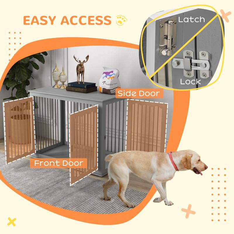 PawHut Dog Crate, End Table, with Three Doors, Locks, Latches for Large Dogs, Indoor Use - Grey