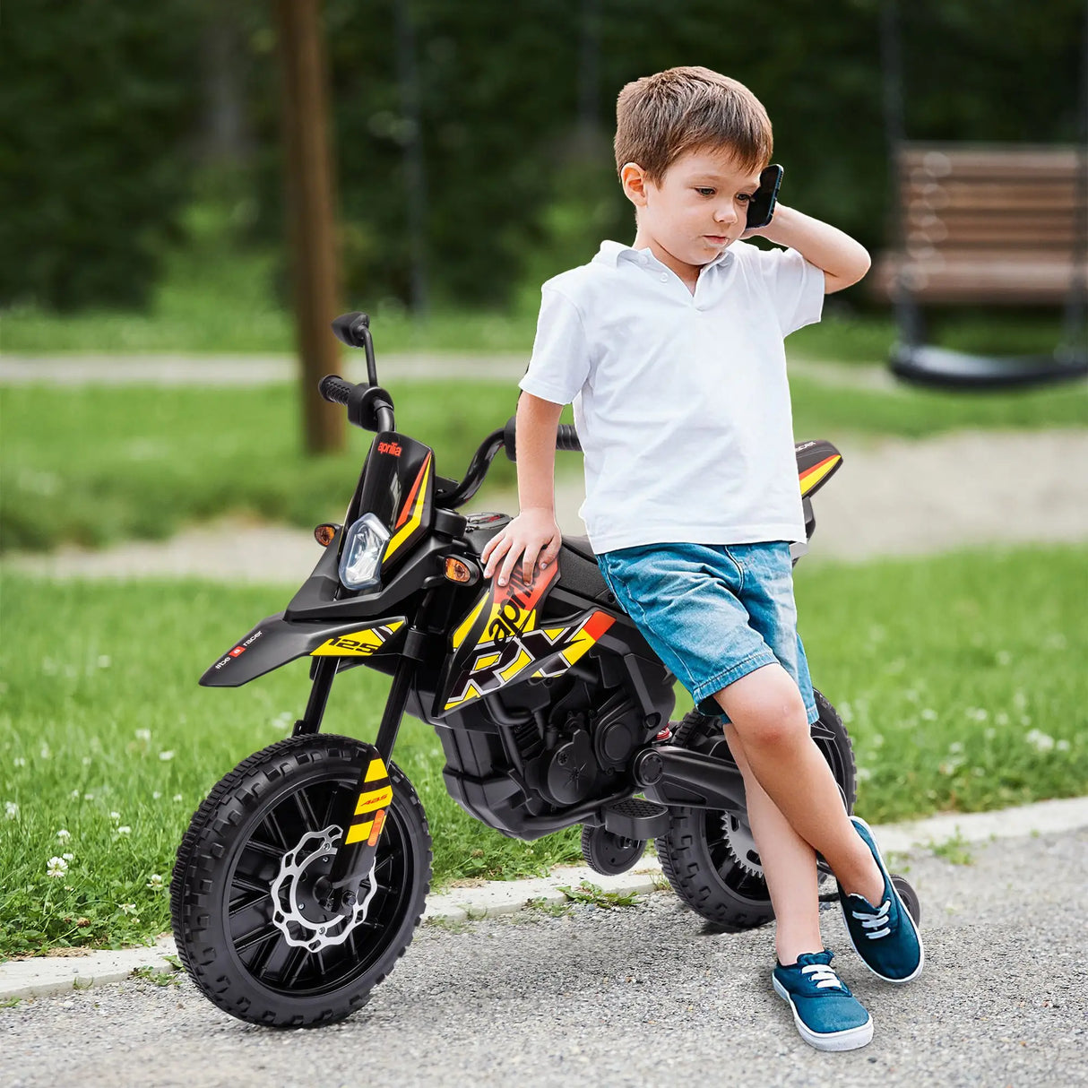 AIYAPLAY 12V Aprilia Licensed Kids Motorbike with Training Wheels, Spring Suspension, LED Headlight, USB, Music, Yellow/black