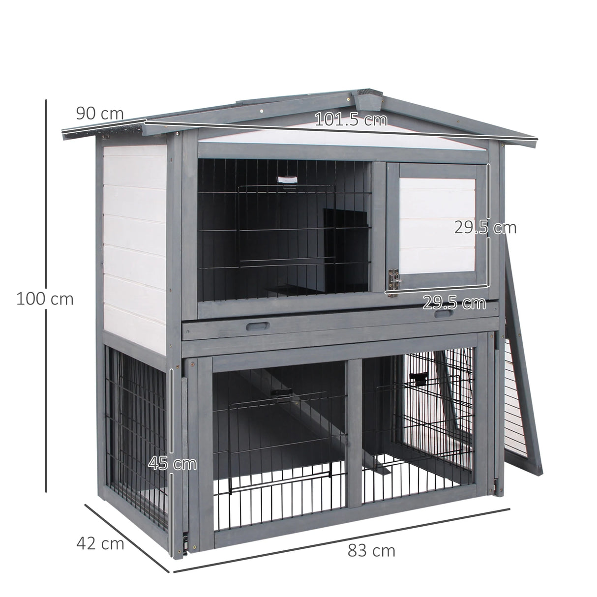 PawHut Rabbits 2-Tier Fur Wood Outdoor Hutch Guinea Pigs Hutches Grey