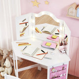 AIYAPLAY Kids Dressing Table and Stool Set, Girls Vanity Table with 2-Colour LED Lights, Tri-Folding Mirror, White