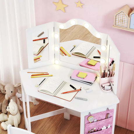 AIYAPLAY Kids Dressing Table and Stool Set, Girls Vanity Table with 2-Colour LED Lights, Tri-Folding Mirror, White
