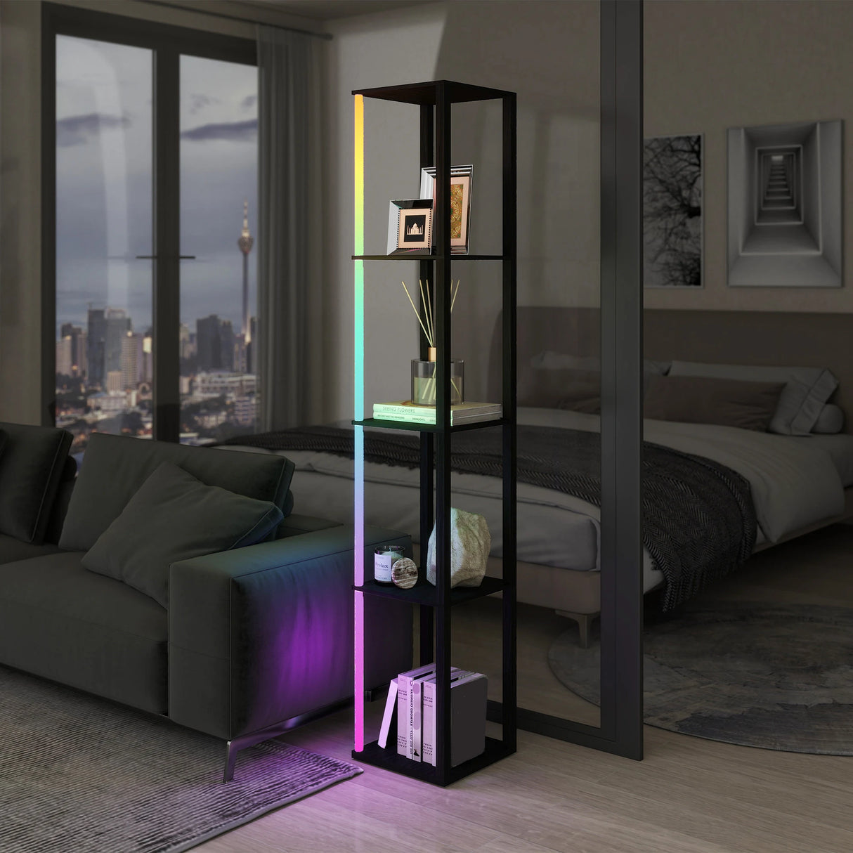 HOMCOM RGB LED Floor Lamp with Shelves, Modern Dimmable Standing Lamp with Remote Control, Adjustable Brightness & Speed for Living Room, Bedroom, Office, Black