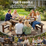Outsunny Wooden Garden Dining Set, 6 Seater Round Dining Picnic Table with Matching Bench, Garden Furniture Set with Parasol Hole for Outdoor Patio Party and Family Gatherings, Carbonized