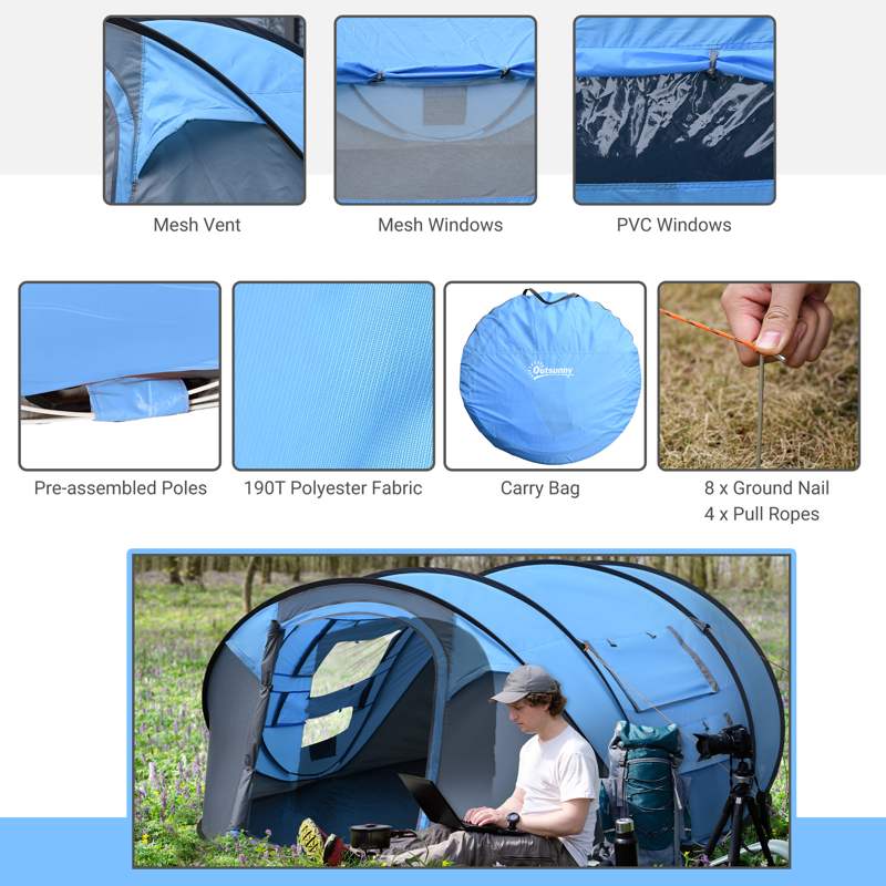 Outsunny 4-5 Person Pop-up Camping Tent Family Tent w/ 2 Mesh Windows & PVC Windows Portable Carry Bag for Outdoor Trip, Sky Blue