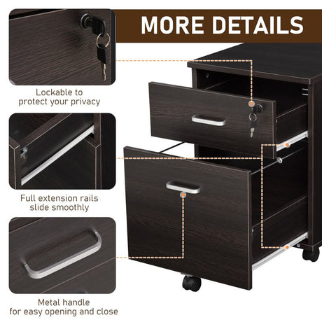 Vinsetto 2-Drawer Locking Office Filing Cabinet w/ 5 Wheels Rolling Storage Hanging Legal Letter Files Cupboard Home Organisation Black Wood Grain