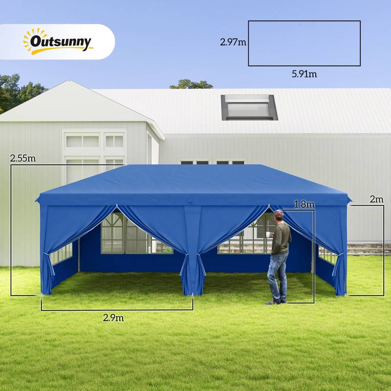 Outsunny 3 x 6 m Garden Pop Up Gazebo, Wedding Party Tent Marquee, Water Resistant Awning Canopy with Sidewalls, Windows, Carry Bag, Blue