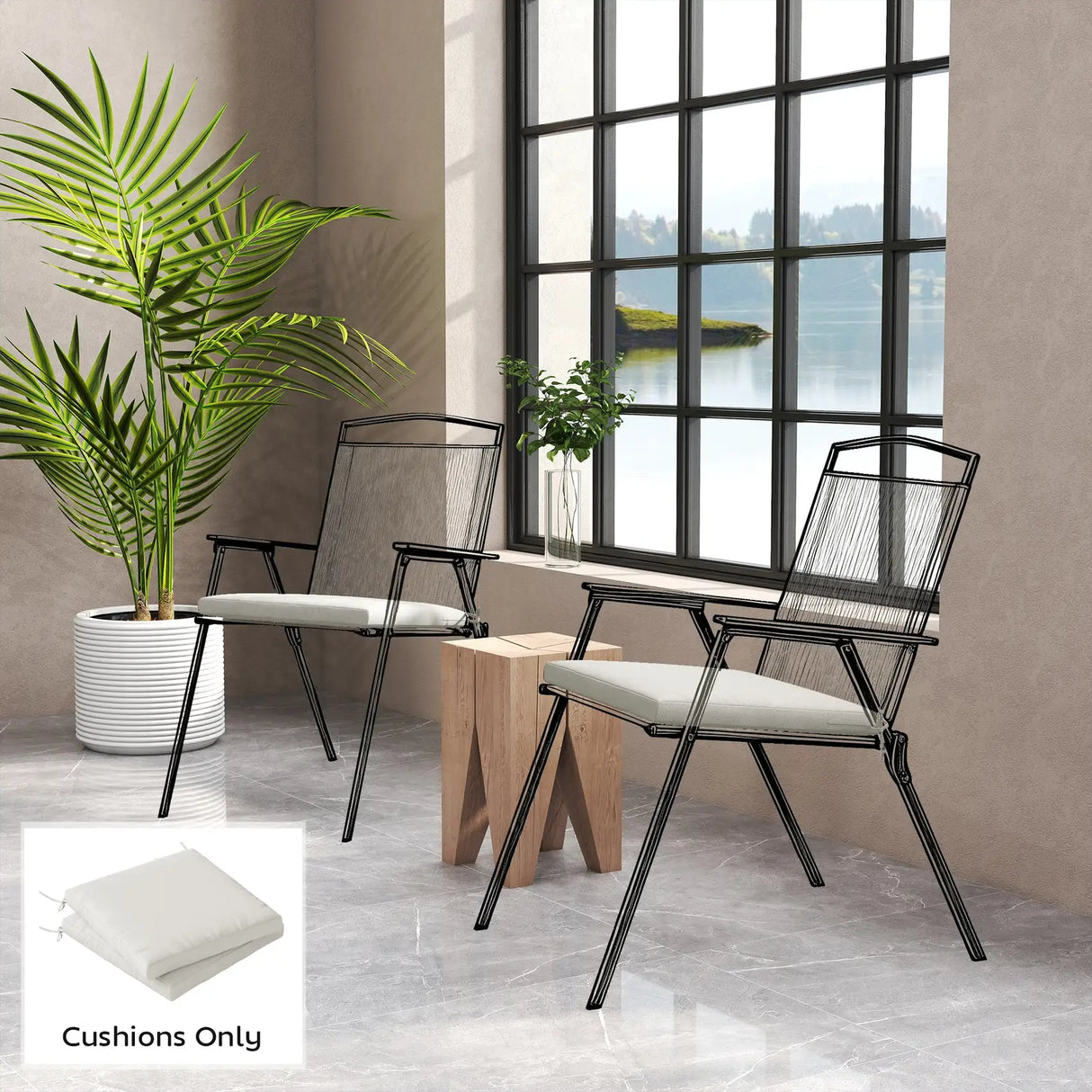 Outsunny Outdoor Seat Cushions Set of 2 with Ties, Waterproof Garden Seat Pads, Cream White