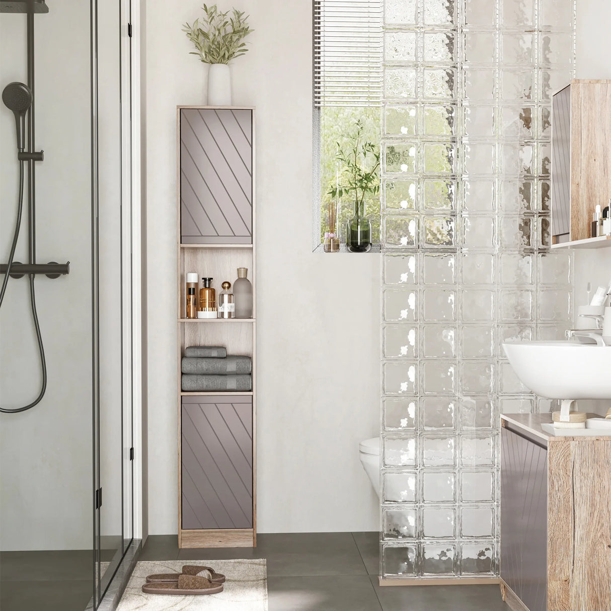 HOMCOM Narrow Bathroom Cabinet, Slim Bathroom Storage Unit with Open Compartment, Freestanding Storage Cupboard with Adjustable Shelves for Small Spaces, 30 x 24 x 170 cm, Grey and Oak