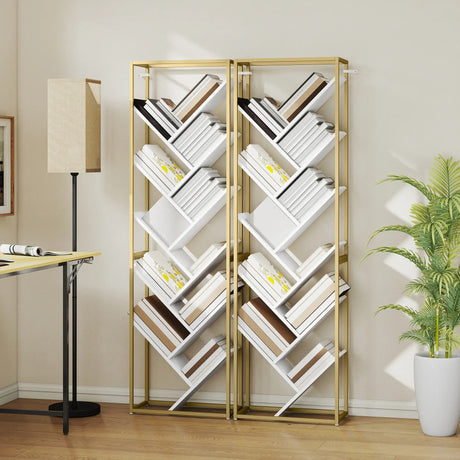 HOMCOM 10 Shelf Modern-Style Bookshelf - Gold Tone/White