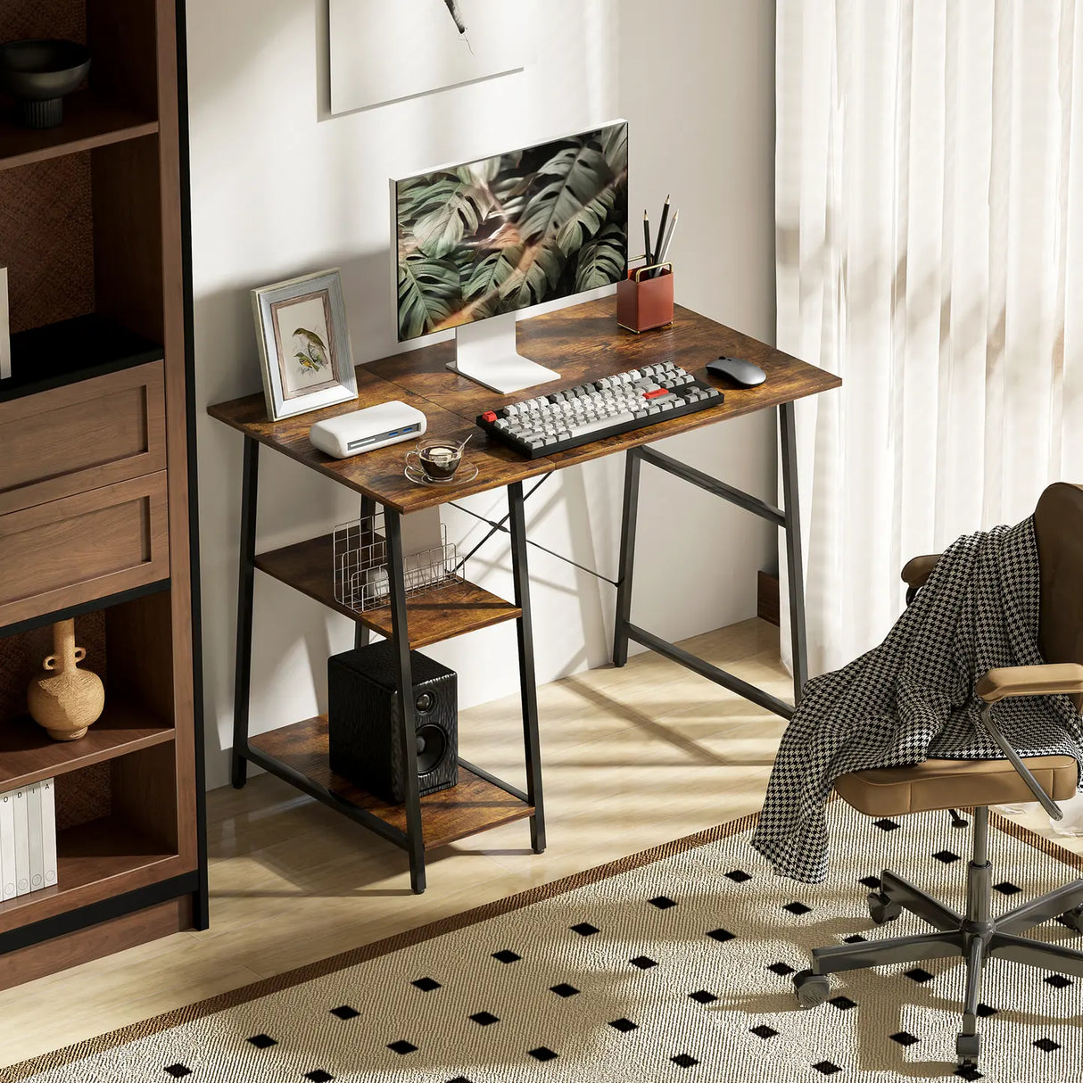 HOMCOM Industrial-Style Work Desk, with Shelves - Brown/Black