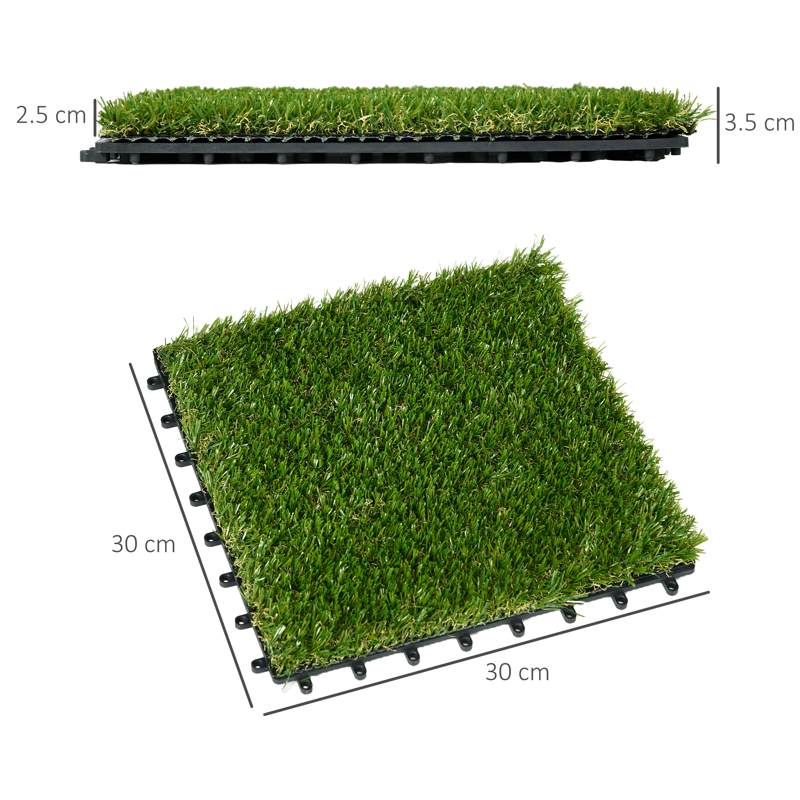 Outsunny 10 PCs 30 x 30cm Artificial Grass Turf, 25mm Pile Height Grass Carpet Fake Grass Mat UV Resistance for Outdoor