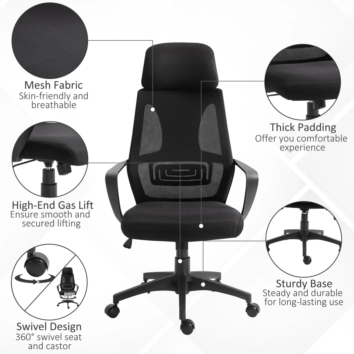 Vinsetto High Back Office Chair with Headrest, Adjustable Height, Mesh Material for Office Use, Black